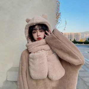 Femme mignon ours oreille peluche capuche écharpe gants chaud hiver trois pièces mode