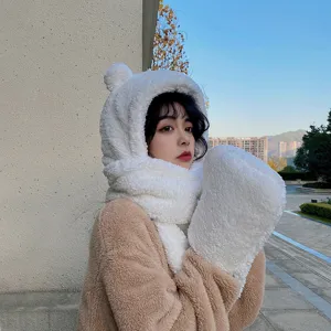 Hiver mignon ours peluche chapeau écharpe gants ensemble chaud doux polaire femme mode