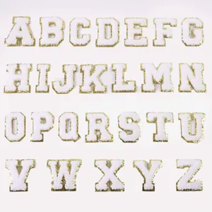 White Chenille Letter Embroidery Patch Gold Glitter Border DIY Clothing And Bag Decorative Applique