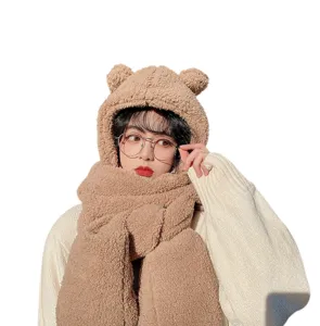 Ensemble écharpe capuche peluche oreilles d'ours mignon pour femme, accessoire chaud.