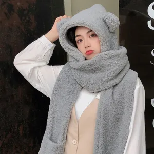 Écharpe à capuche oreilles d'ours grise peluche hiver chapeau chaud avec poche élégante