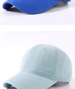 Detailed close-up view of casual washed cotton baseball cap, curved brim, soft crown.