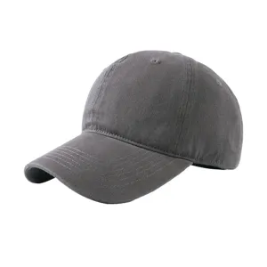 Solid dark grey cotton baseball cap with curved brim, classic washed style for casual wear.