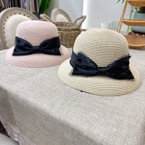 Chapeau de paille femme ete avec nœud en filet elegante protection solaire chapeau de plage