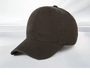Detailed view of the dark brown washed cotton baseball cap showing soft top and curved brim.