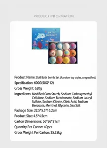 Gedetailleerd overzicht van de pop-badbom-cadeauset met twaalf kleurrijke geurige bruisballen.