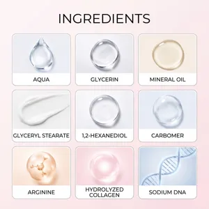 Gedetailleerde ingrediënteninfographic voor halscreme met collageen, glycerine en actieve elementen.