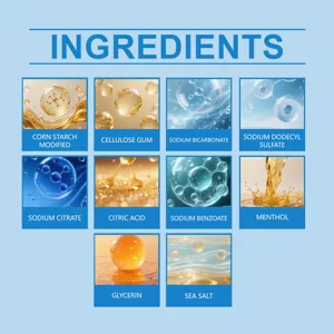 Tarjeta infografica de ingredientes para set de bombas de bano con componentes suaves.