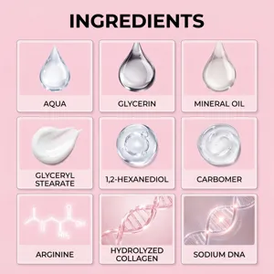 Collageen nekcreme ingredieten detailgrafiek met actieve formules voor gladde huidverzorging.