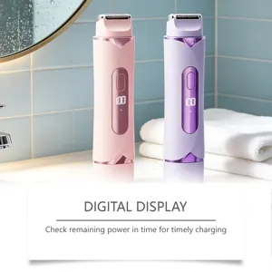 Close-up detail of the rechargeable electric epilator with digital power display screen.