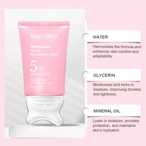 Detailopname van de VIARELINE collageen halscreme tube met geïntegreerde massagemassage.