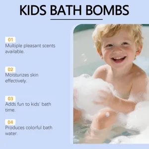 Detailweergave van kinderbadbommen met hydraterende voordelen, aangename geuren en kleurrijk water.
