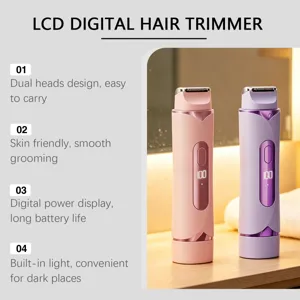 LCD digital hair trimmer with dual heads, skin friendly grooming and power display light.