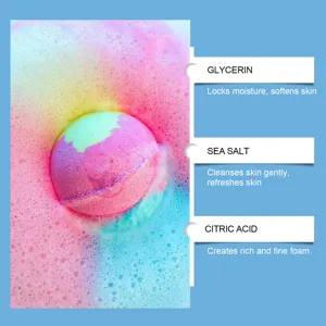 Detalle de bomba de baño colorida disolviéndose en agua, espuma rica e ingredientes.