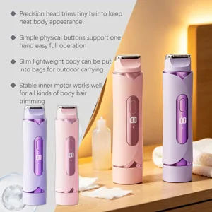 Portable electric body hair trimmer with digital display, slim pink and purple design.
