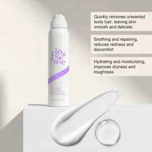 Gentle body hair removal spray texture detail showing smooth white cream and refreshing formula.