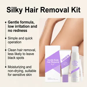 Gentle hair removal kit detail showcasing spray, cream and scraper with smooth application skin.