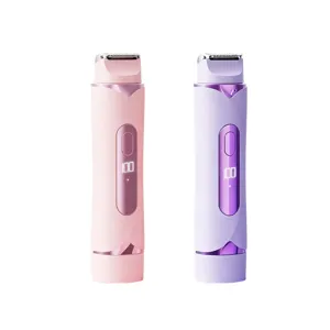 Portable electric hair remover with digital display, rechargeable shaver in pink and purple.
