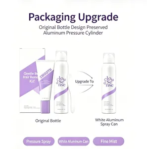 Hair removal kit with pressure spray bottle and white aluminum can for smooth body skin care.