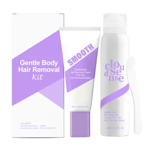Gentle body hair removal kit with smooth cream and spray for painless skin care.