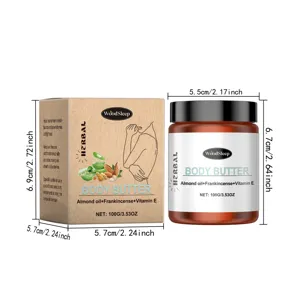 Detailed view of WoodSleep body butter jar and box with size dimensions, almond oil formula.