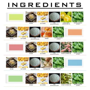 Tableau des ingredients de bandes de cire depilatoire avec divers extraits de plantes et cire.
