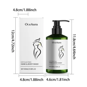 Detailed view of 100ml exfoliating body wash bottle and box with precise product dimensions.