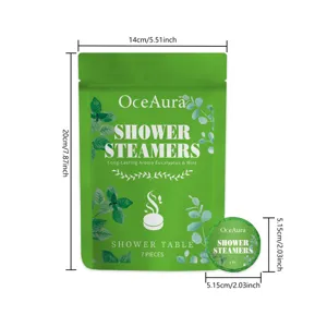 Eucalyptus mint shower steamers detail view, premium bath aromatherapy tablet packaging.