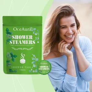 Eucalyptus mint shower steamers detail view, refreshing bath aromatherapy tablets close up.