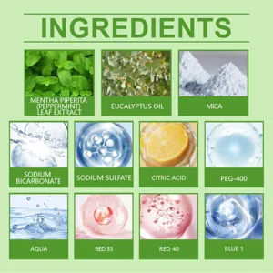 Detailed product ingredient chart displaying natural mint, eucalyptus leaf, and mineral components.