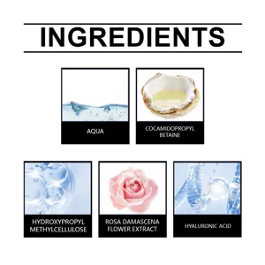 Detailed ingredient infographic featuring water, rose extract, and hyaluronic acid for shower gel.