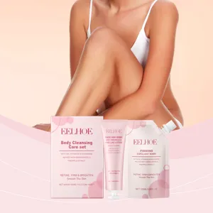 Detail view of EELHOE body cleansing care set packaging, showing tube and pouch details.