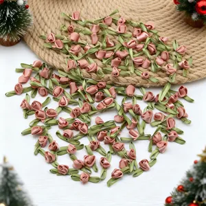 100pcs 2.5cm botones de flores de rosa de cinta con hojas verdes accesorios para el cabello manualidades
