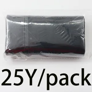 Detail view of black mesh fabric roll packed in transparent bag, 25 yards per pack.