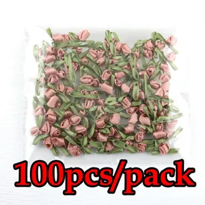 100pcs 2.5cm Capullos de Rosa de Cinta con Hojas Mini Flores de Tela para Manualidades DIY