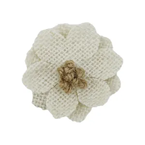 Handmade burlap daisy flower craft accessory, jute fabric flower for DIY hats and clothing.