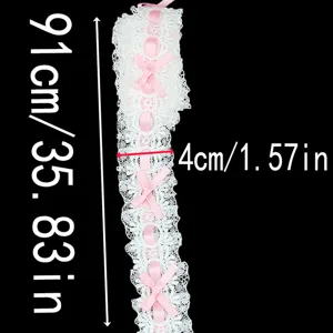 Nastro di pizzo bianco con fiocchi rosa, largo 4cm e lungo 91cm per cucito artigianale fai da te.