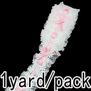 Nastro di pizzo bianco con fiocchi rosa 1 yard pacco per cucito fai da te decorazione