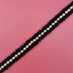Black lace trim with faux pearls, 2cm width detail shot for sewing and DIY craft projects.