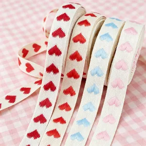 Fabric ribbon detail, heart jacquard pattern, 1.6cm width, gift wrapping and DIY sewing material.
