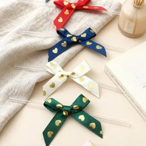 Polyester Ribbon Bows Gold Stamping Heart Twist Ties Decorative Crafts For Gift Box Packaging And DIY Hair Clips Making