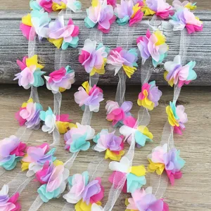 Colorful chiffon flower trim ribbon detail shot, perfect for DIY crafts, apparel, and sewing.
