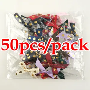 50pcs 45mm Gold Stamping Heart Ribbon Bow Wire for DIY Craft Gift Box Decor