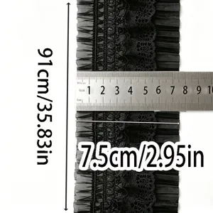 Black pleated lace trim fabric, 7.5cm wide and 91cm long, perfect for sewing and crafts.