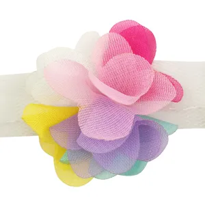 Close-up detail of multi-color chiffon flower mesh ribbon DIY clothing accessory item