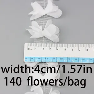 Detail shot of white chiffon butterfly lace ribbon, 4cm width, mesh trim for DIY crafts.