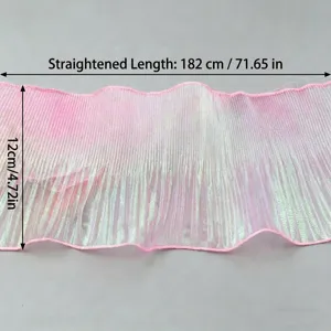 Detailed view of the iridescent pleated mesh fabric ribbon showing its texture and size.