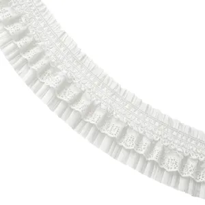 White pleated lace trim detail, delicate mesh ruffle fabric for sewing DIY crafts.