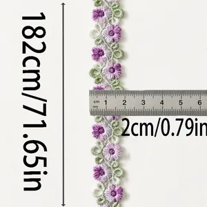 Detailed shot of purple flower water soluble lace trim ribbon, 182cm length 2cm width.