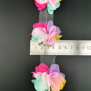Colorful chiffon flower mesh lace trim detail, 50mm width, perfect for DIY crafts and apparel.